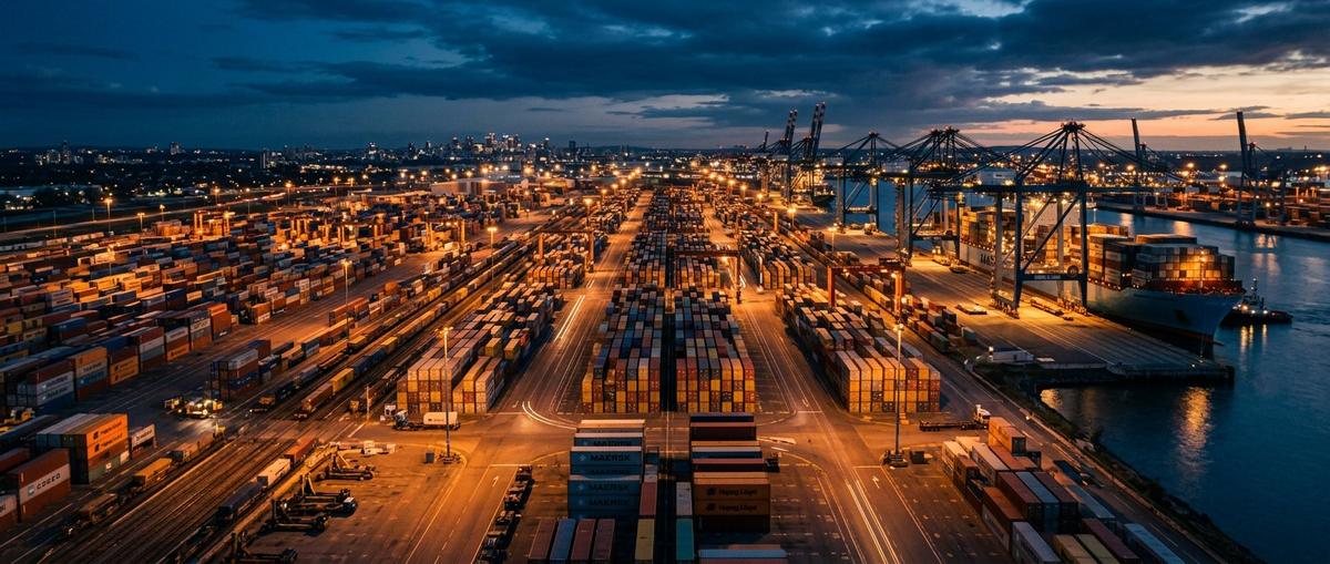 Aerial view of a container terminal at dusk