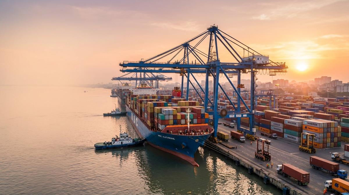 Container ship being loaded at a Bangladesh sea port