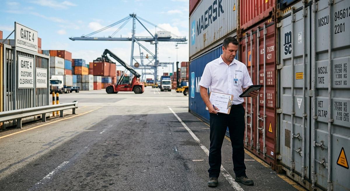 Customs clearing and forwarding operations at a port terminal