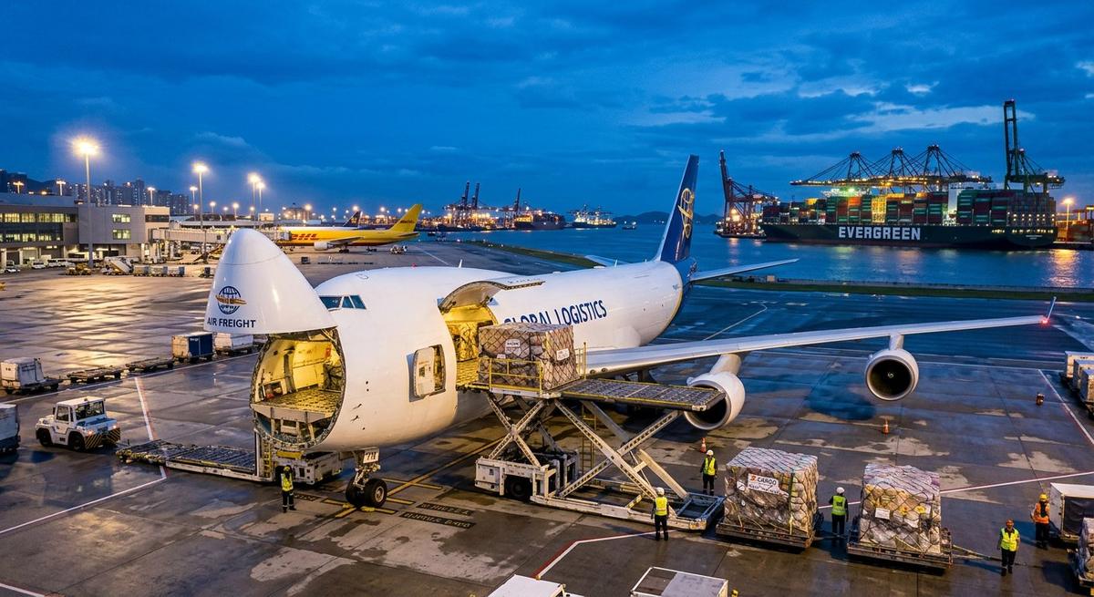 Air and sea freight forwarding operations at dusk