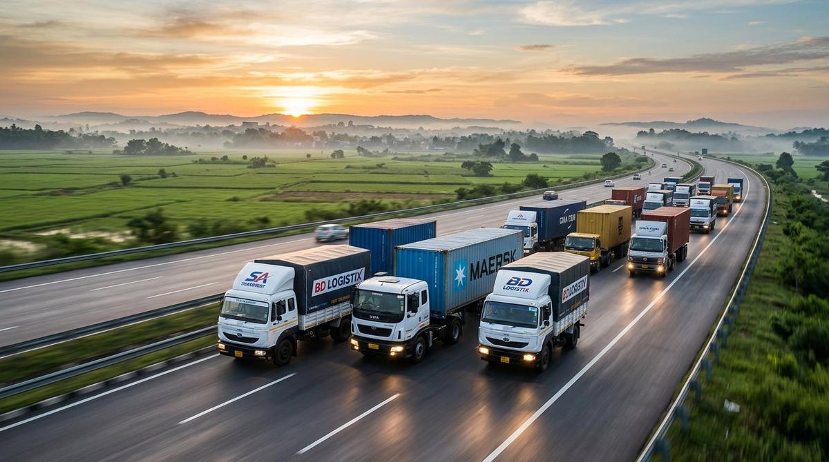 Fleet of covered van cargo trucks on a highway at sunrise